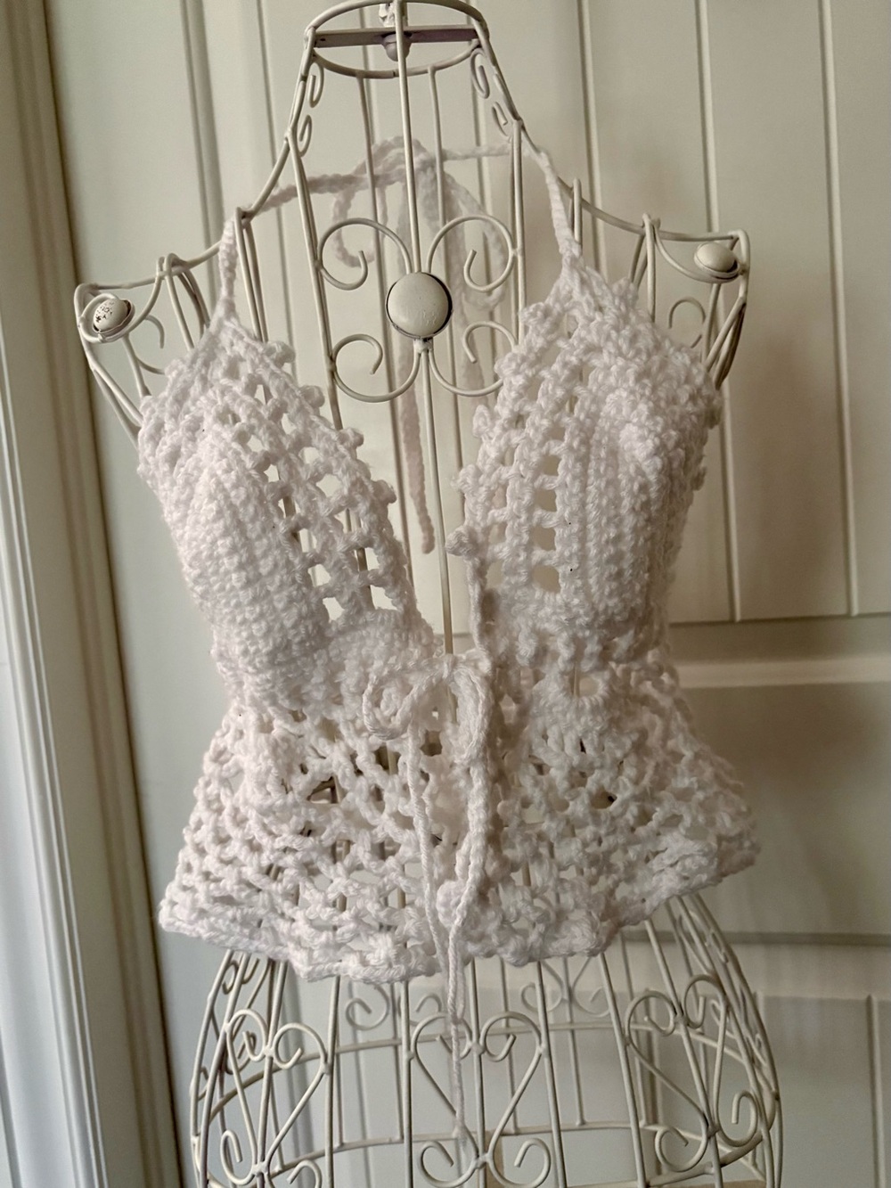 White Crochet Lacey Tie Top
